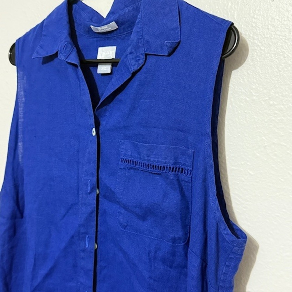Chicos Chic Blue Linen Sleeveless Button Down Shirt Size 12/14 Summer Resort